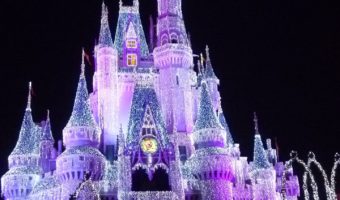 Cinderella's Castle lit up at night.